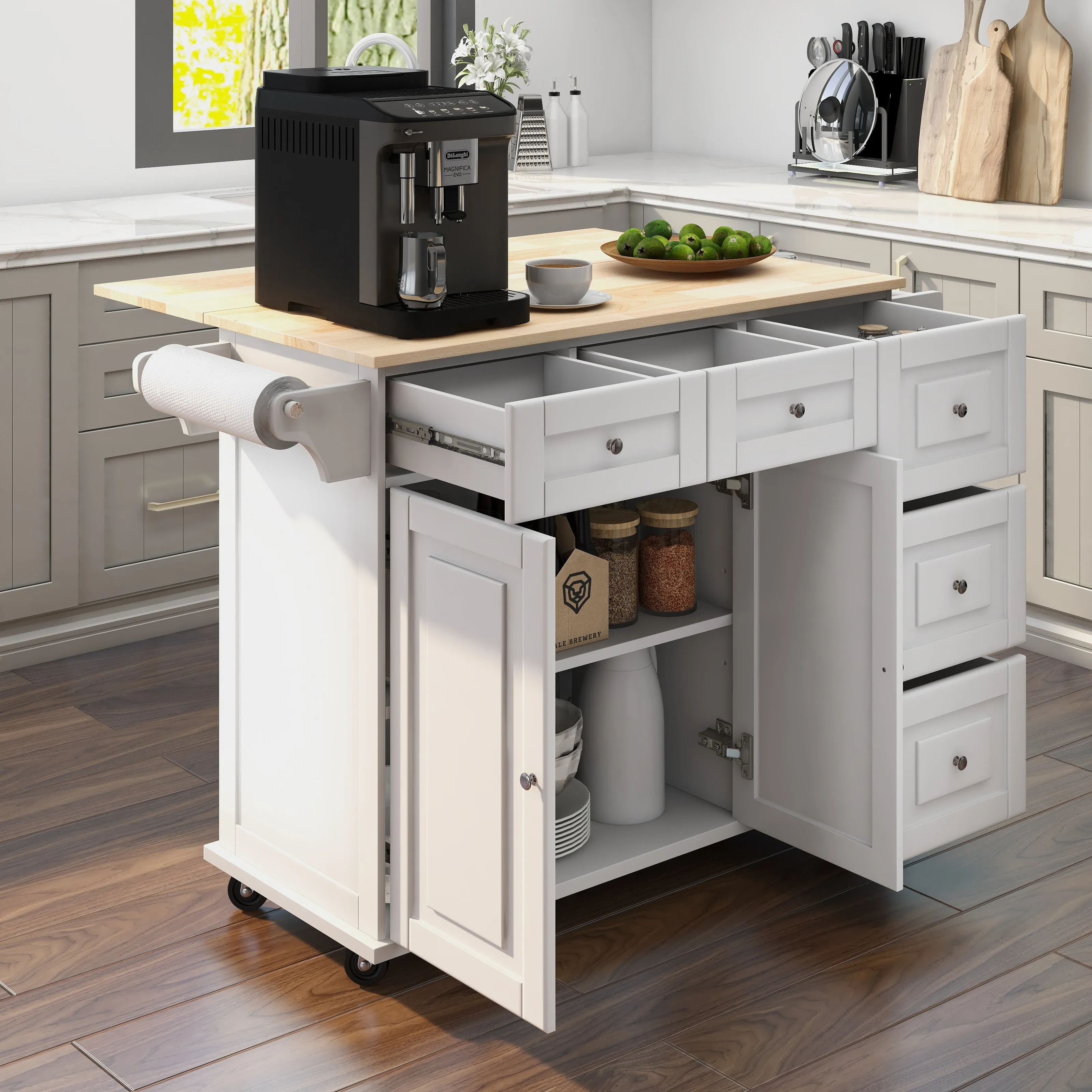 Homrest 43” Kitchen Island Cart on Wheels with Storage Cabinet, White