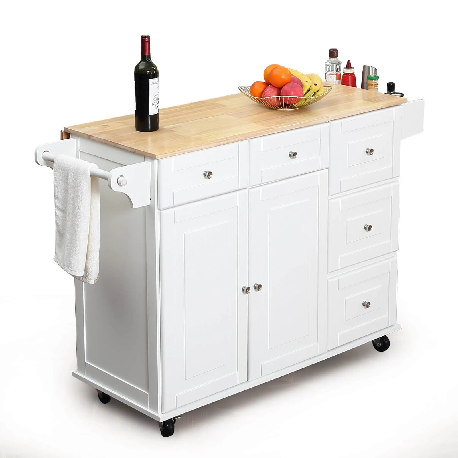 Homrest 43” Kitchen Island Cart on Wheels with Storage Cabinet, White
