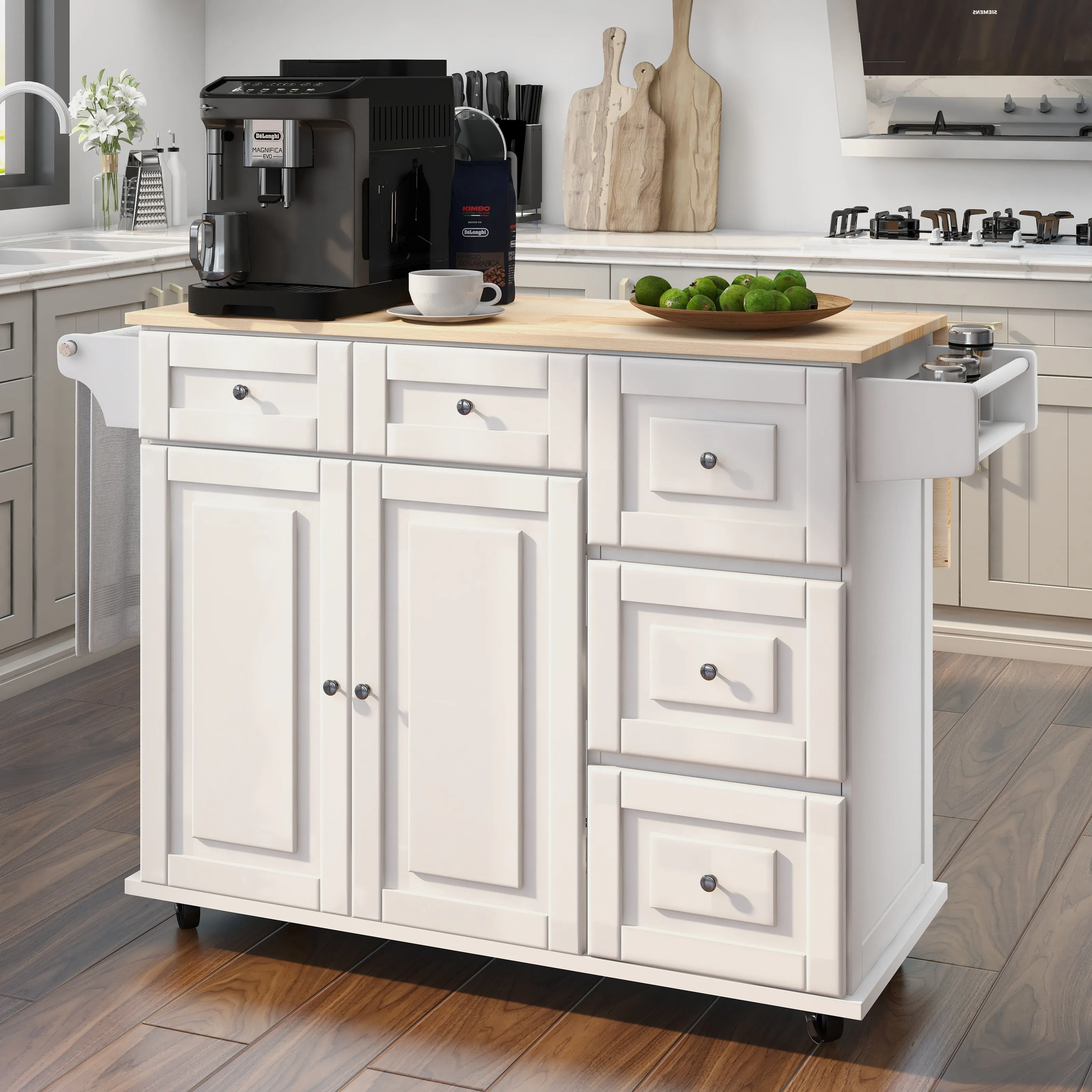 Homrest 43” Kitchen Island Cart on Wheels with Storage Cabinet, White
