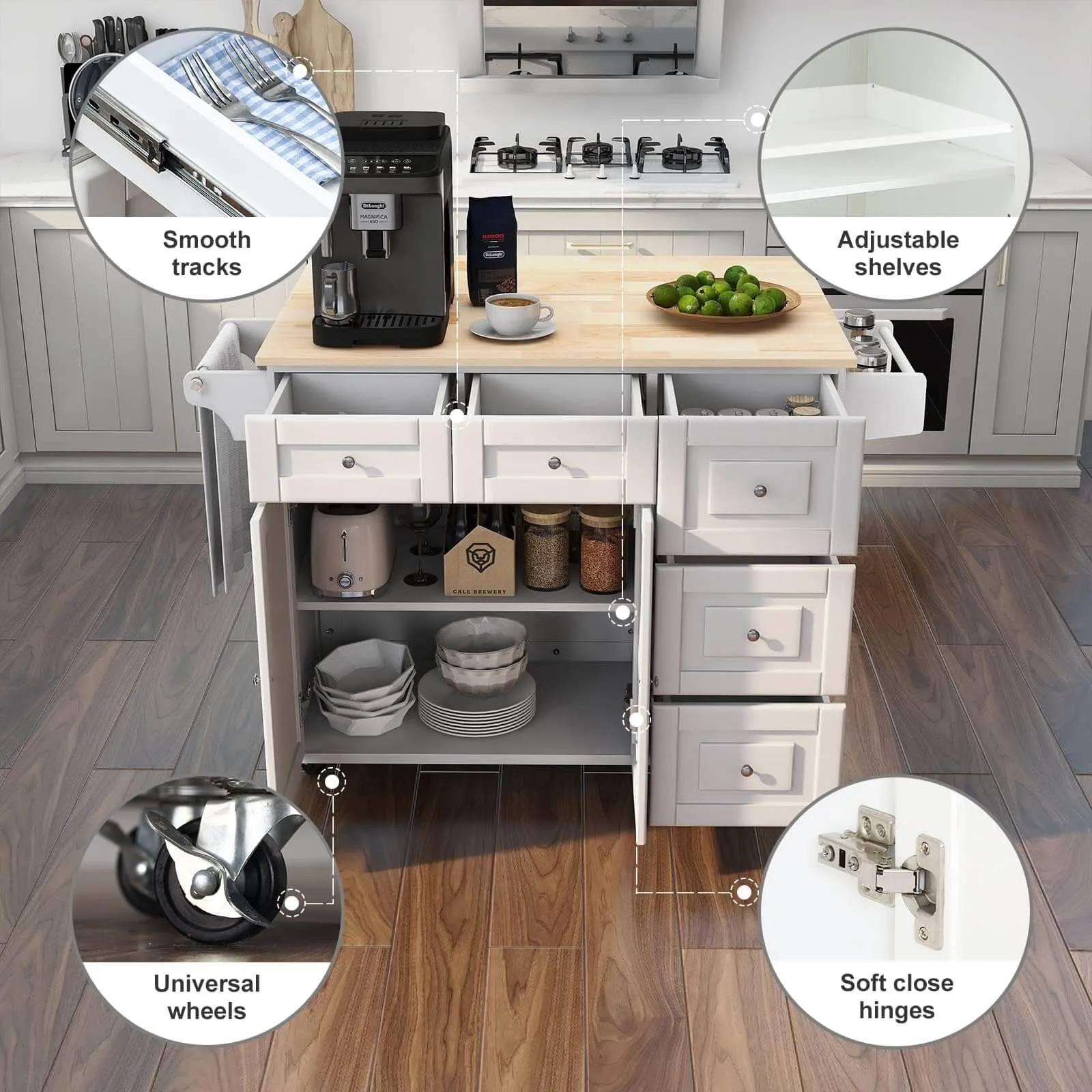 Homrest 43” Kitchen Island Cart on Wheels with Storage Cabinet, White