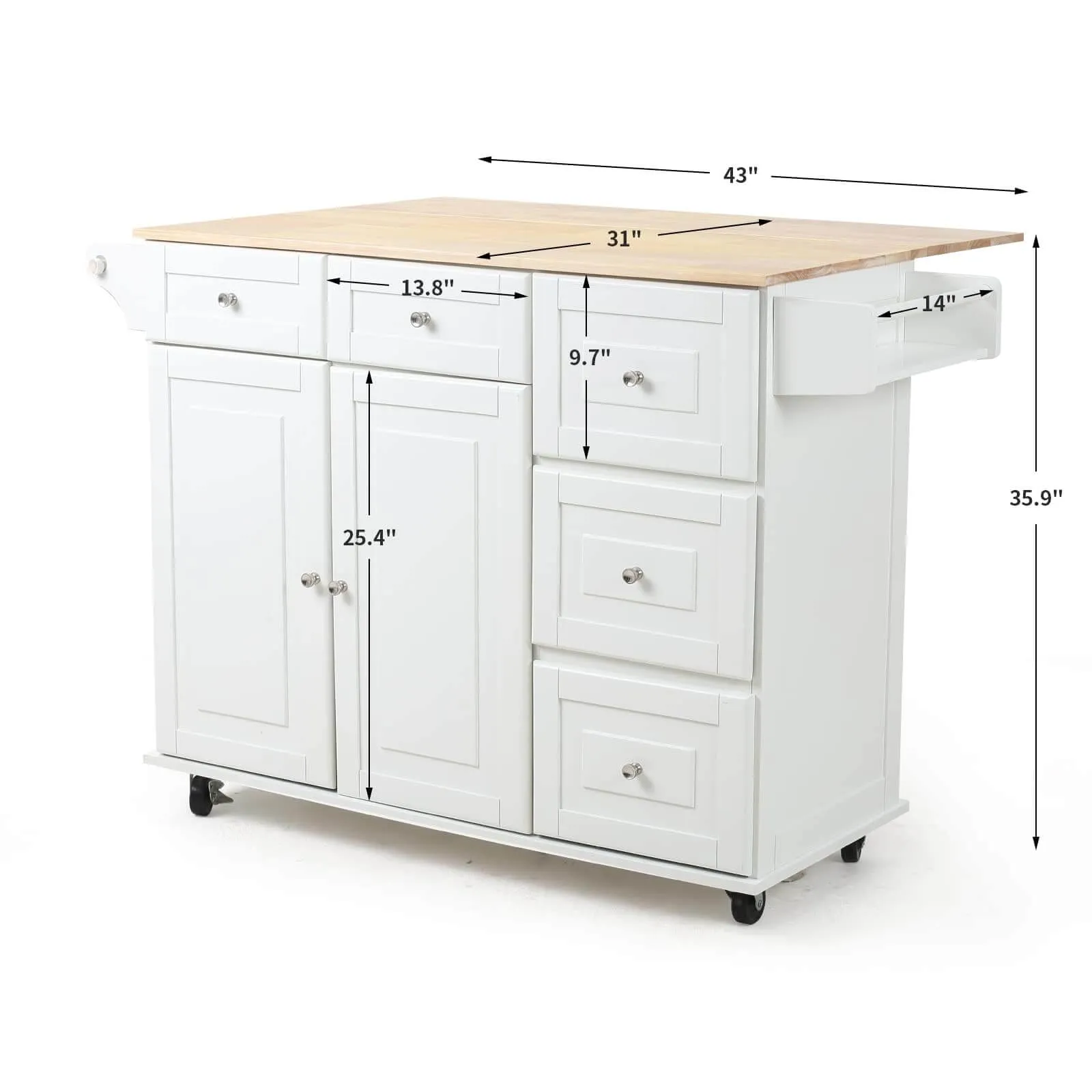Homrest 43” Kitchen Island Cart on Wheels with Storage Cabinet, White
