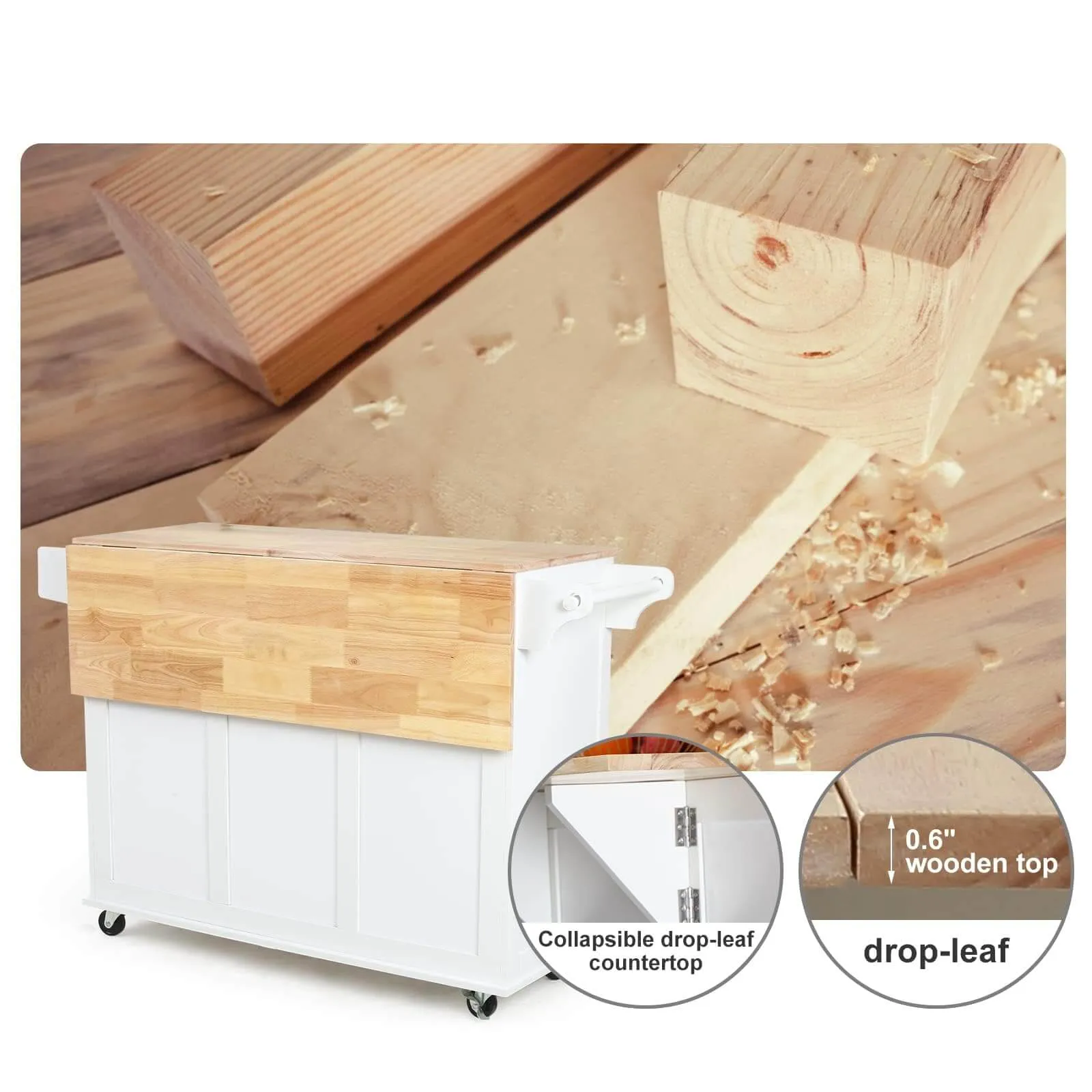 Homrest 43” Kitchen Island Cart on Wheels with Storage Cabinet, White