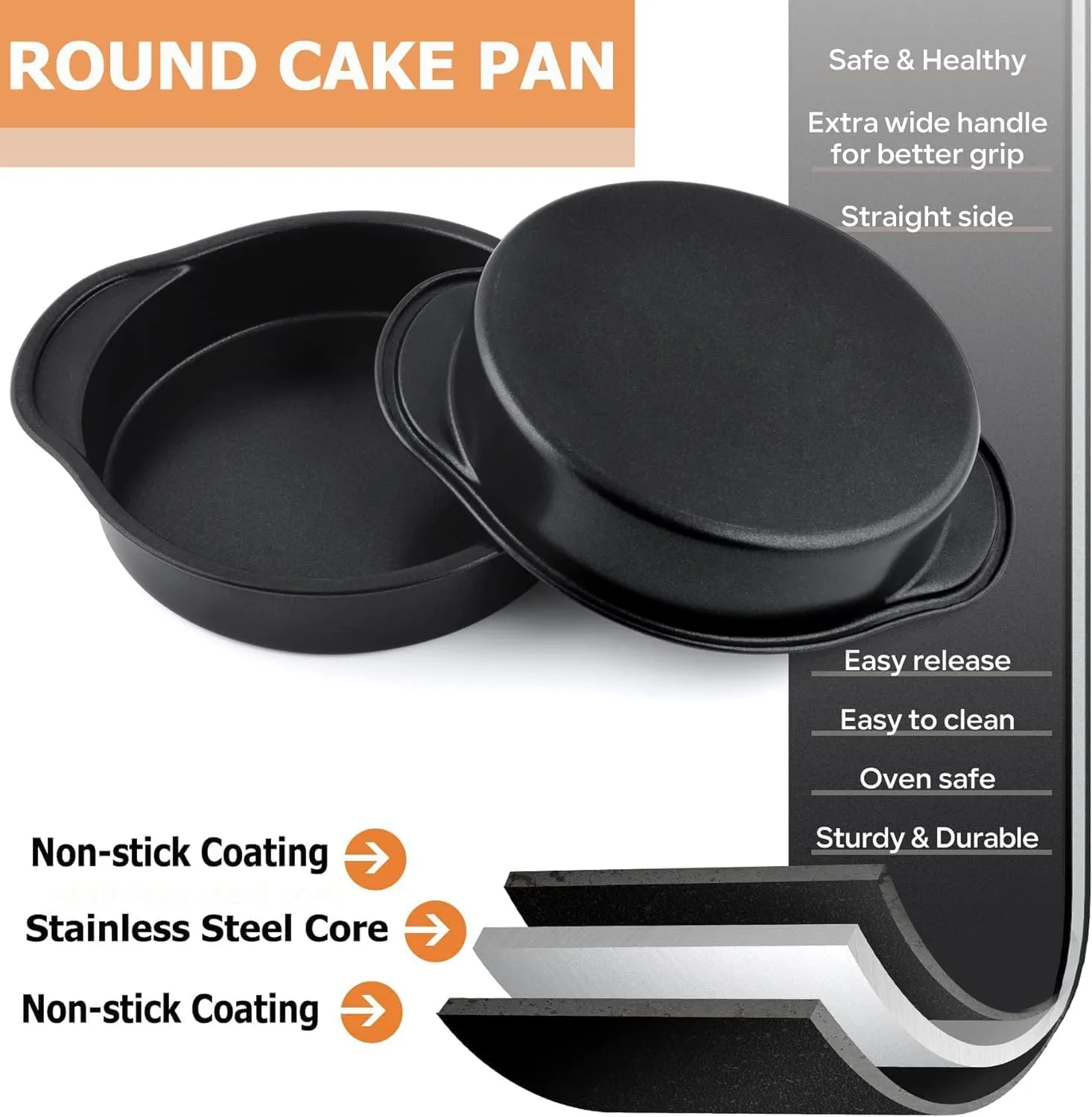 Kuber Industries 8 inch Non-Stick Cake Pan for Baking|Round Shape Cake Baking Mold|Side Handles-Pack of 5 (Black)