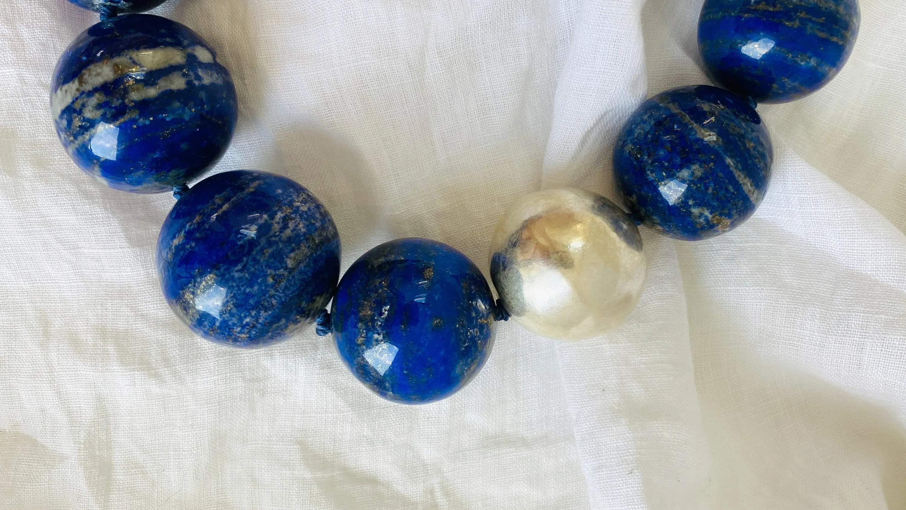 Lapis and Silver Beaded Necklace. Huge Spheres