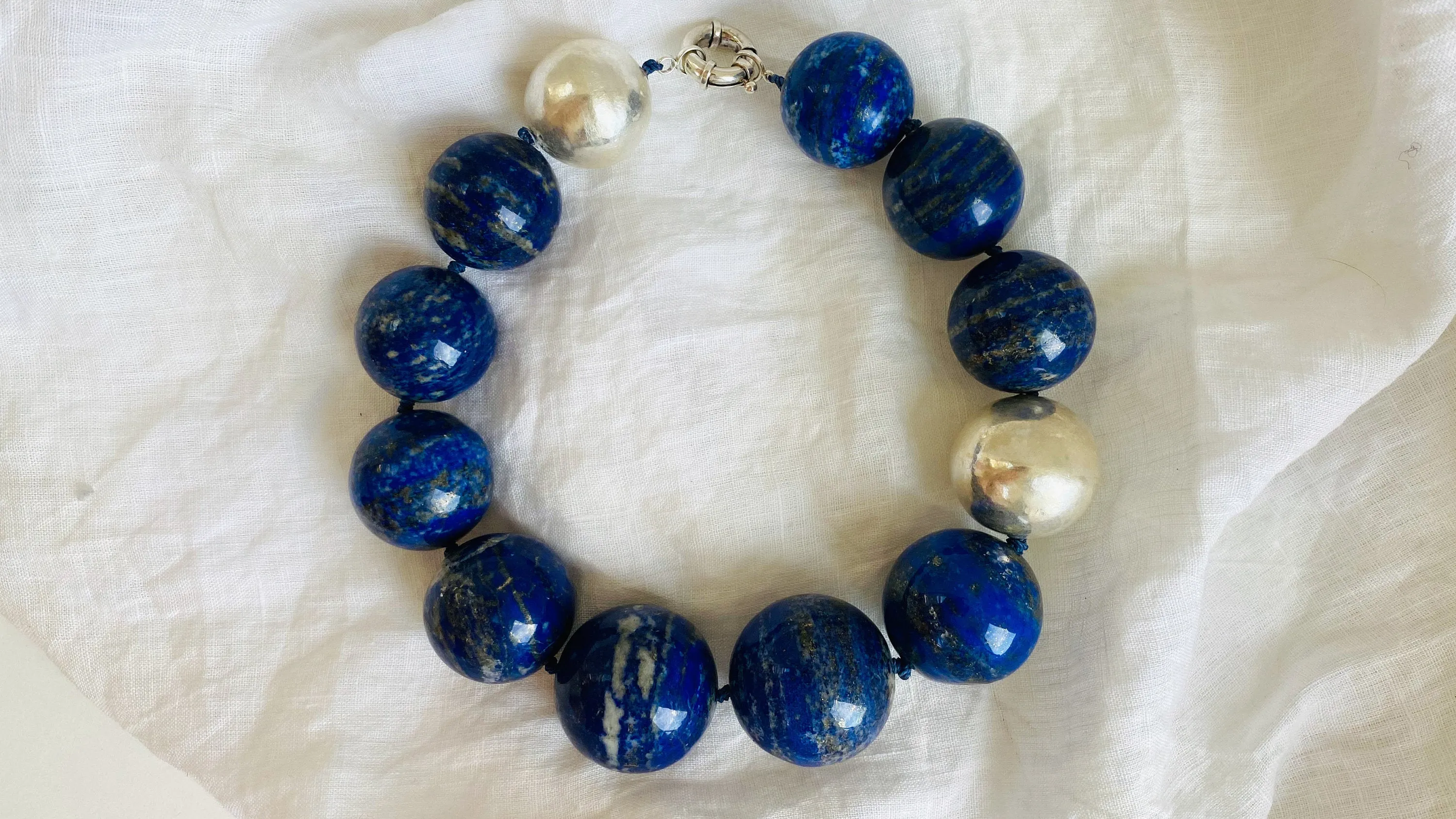 Lapis and Silver Beaded Necklace. Huge Spheres