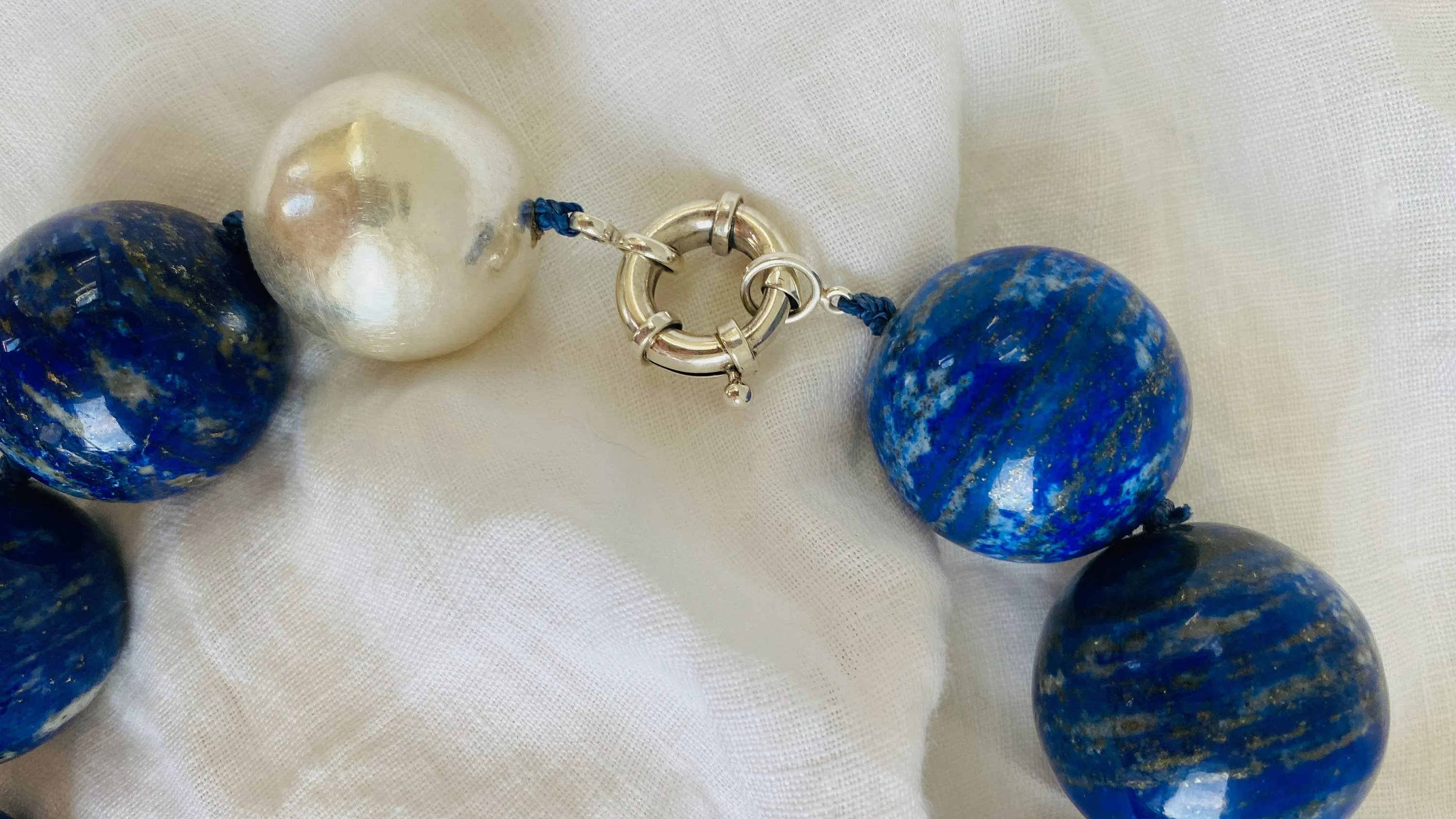 Lapis and Silver Beaded Necklace. Huge Spheres