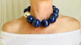 Lapis and Silver Beaded Necklace. Huge Spheres