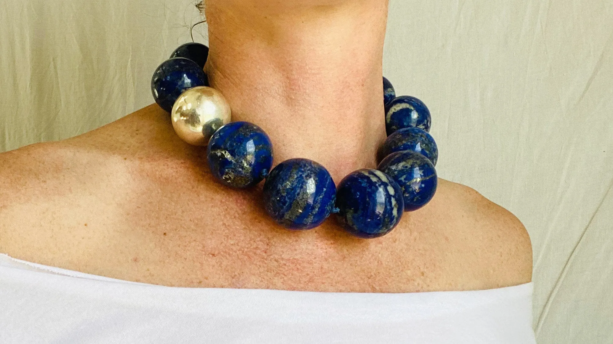 Lapis and Silver Beaded Necklace. Huge Spheres