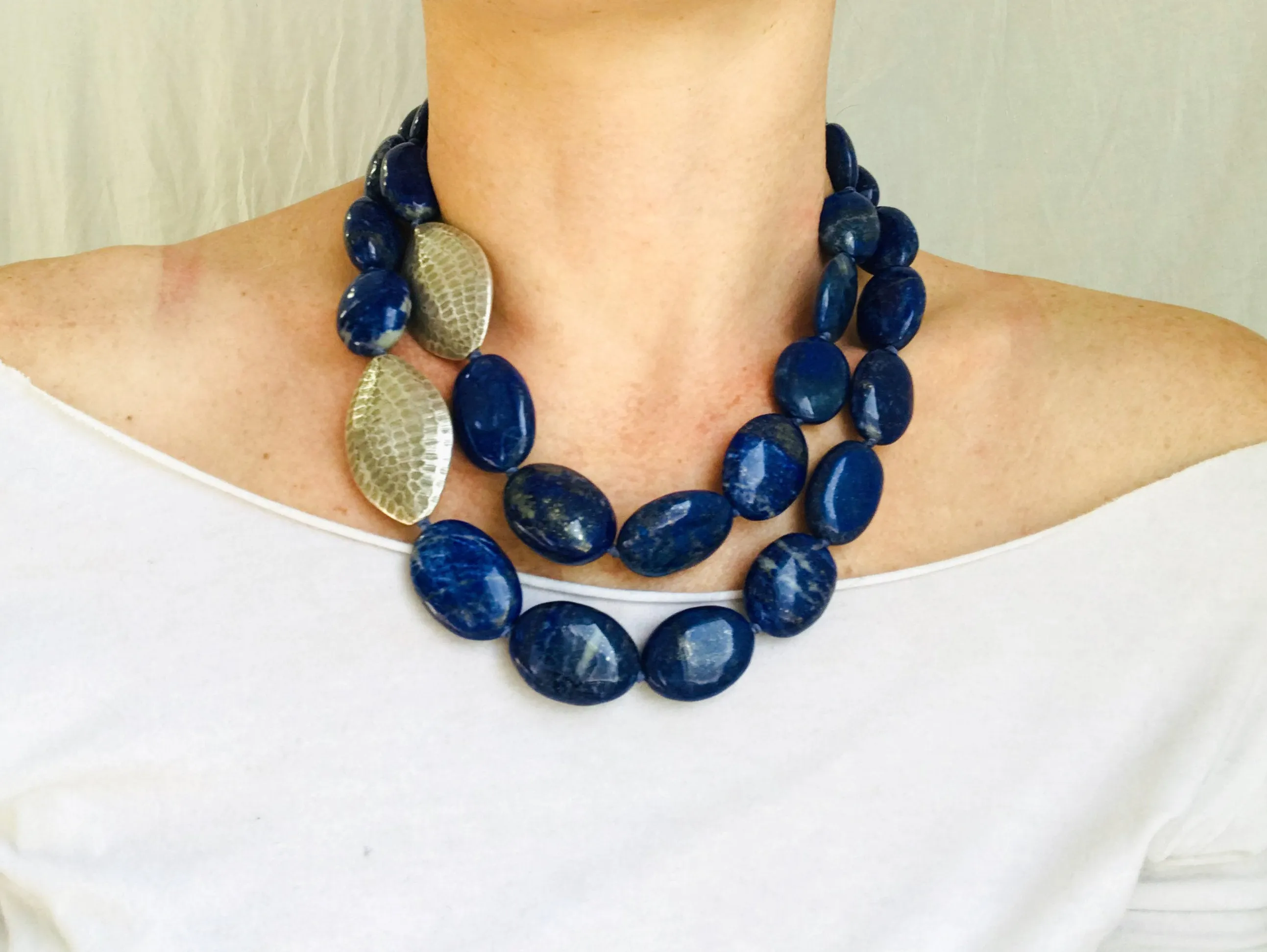 Lapis and Silver Beaded Necklace. Long or Double.