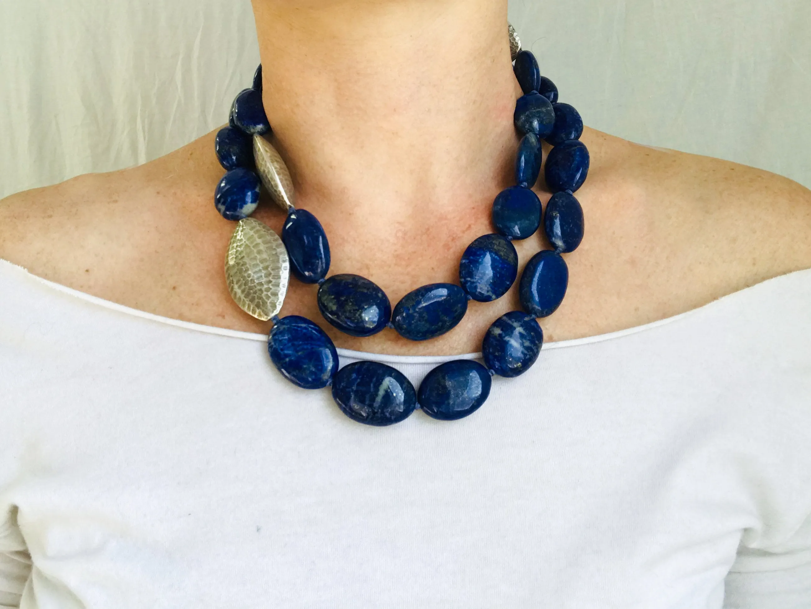 Lapis and Silver Beaded Necklace. Long or Double.