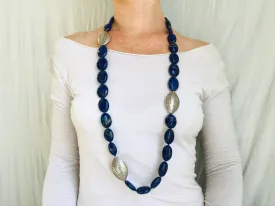 Lapis and Silver Beaded Necklace. Long or Double.