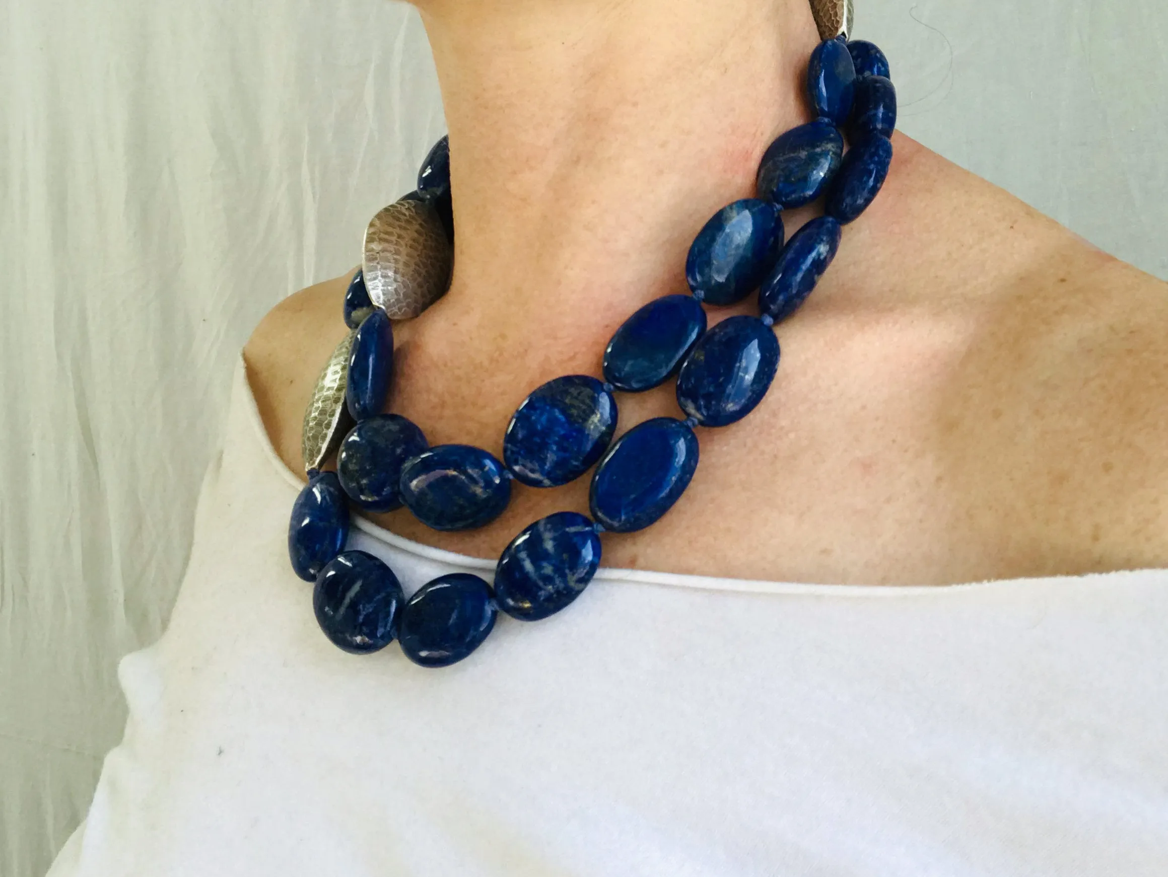 Lapis and Silver Beaded Necklace. Long or Double.