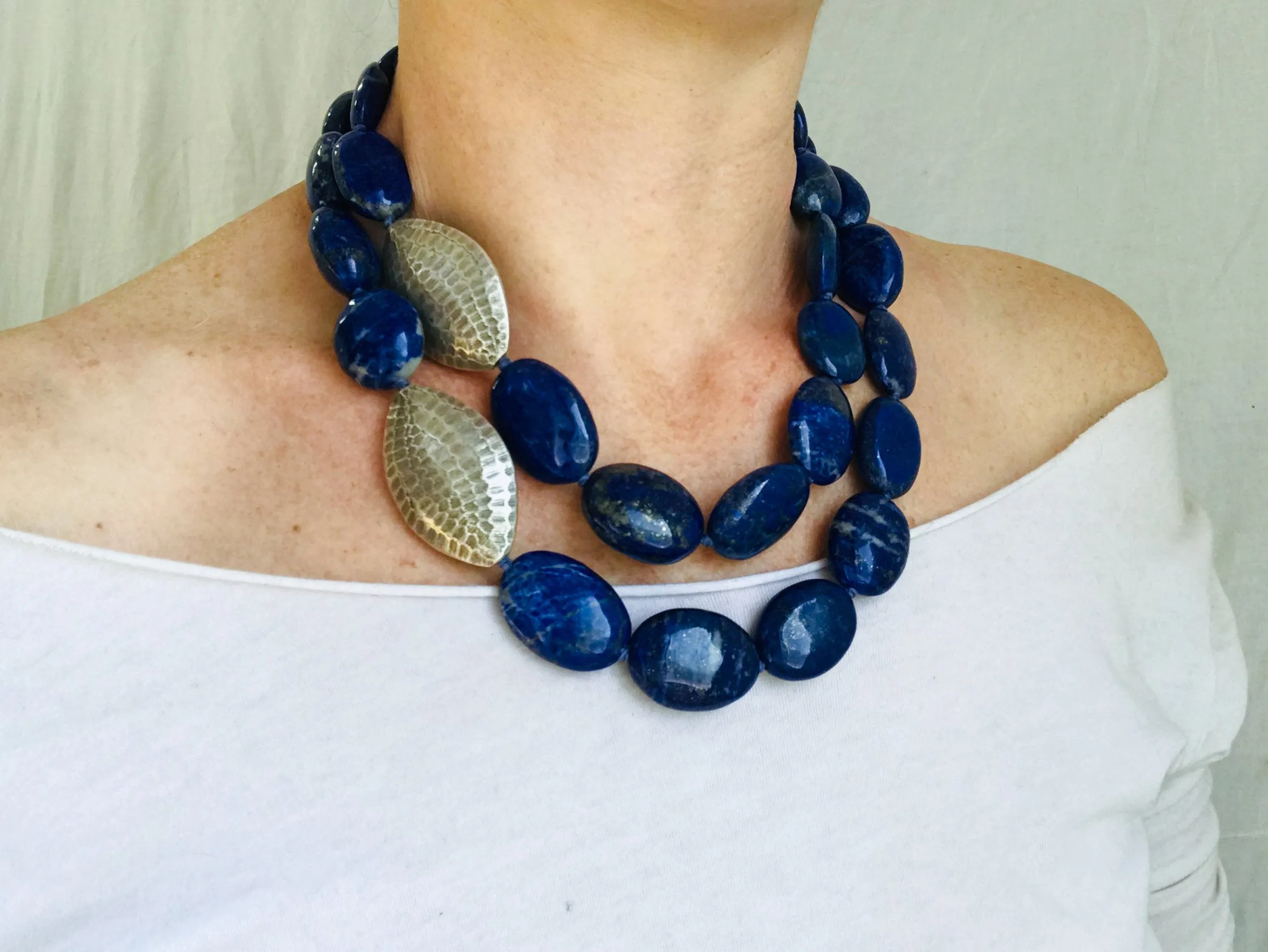 Lapis and Silver Beaded Necklace. Long or Double.