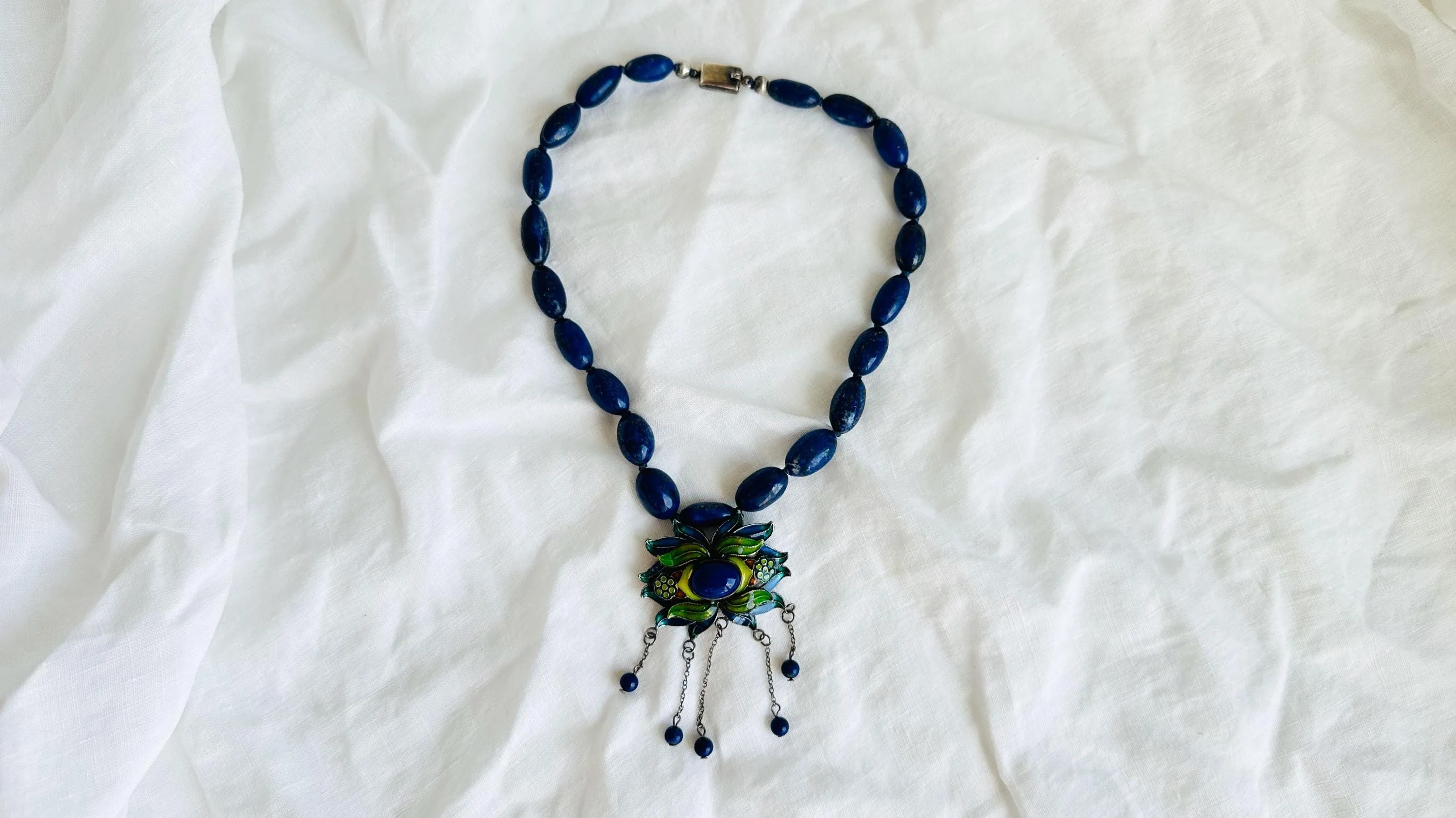 Lapis Enamel Pendant Necklace. Antique, Sterling Silver. 2646