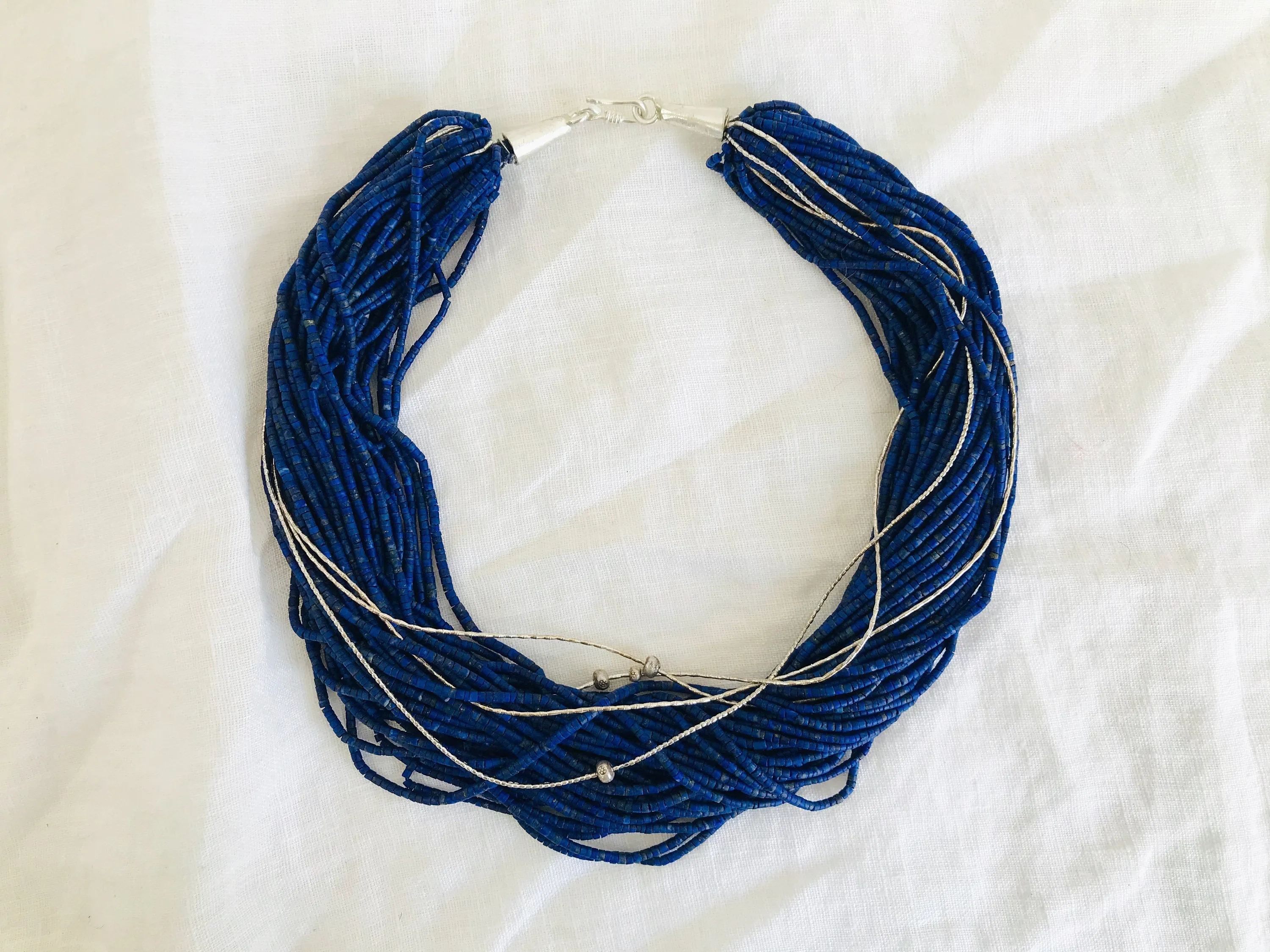 Lapis Lazuli and Karen Silver Necklace. Multi Strand