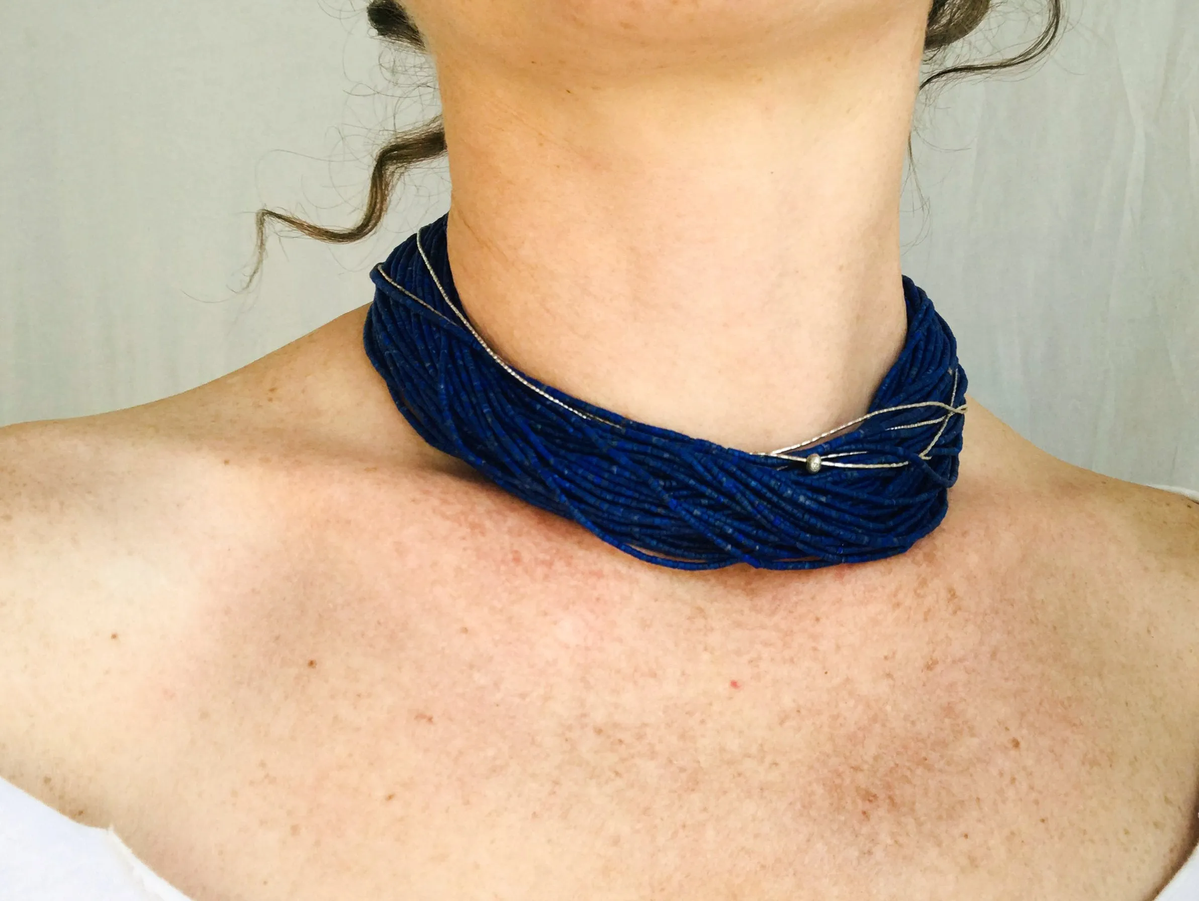 Lapis Lazuli and Karen Silver Necklace. Multi Strand