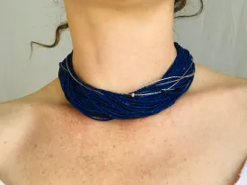 Lapis Lazuli and Karen Silver Necklace. Multi Strand