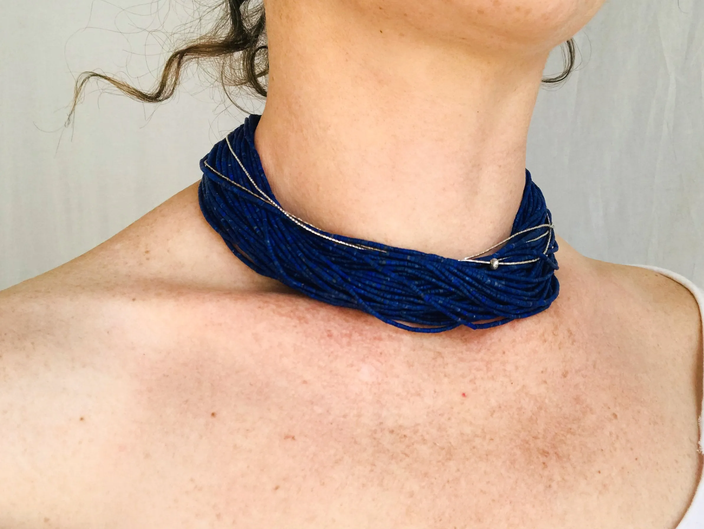 Lapis Lazuli and Karen Silver Necklace. Multi Strand