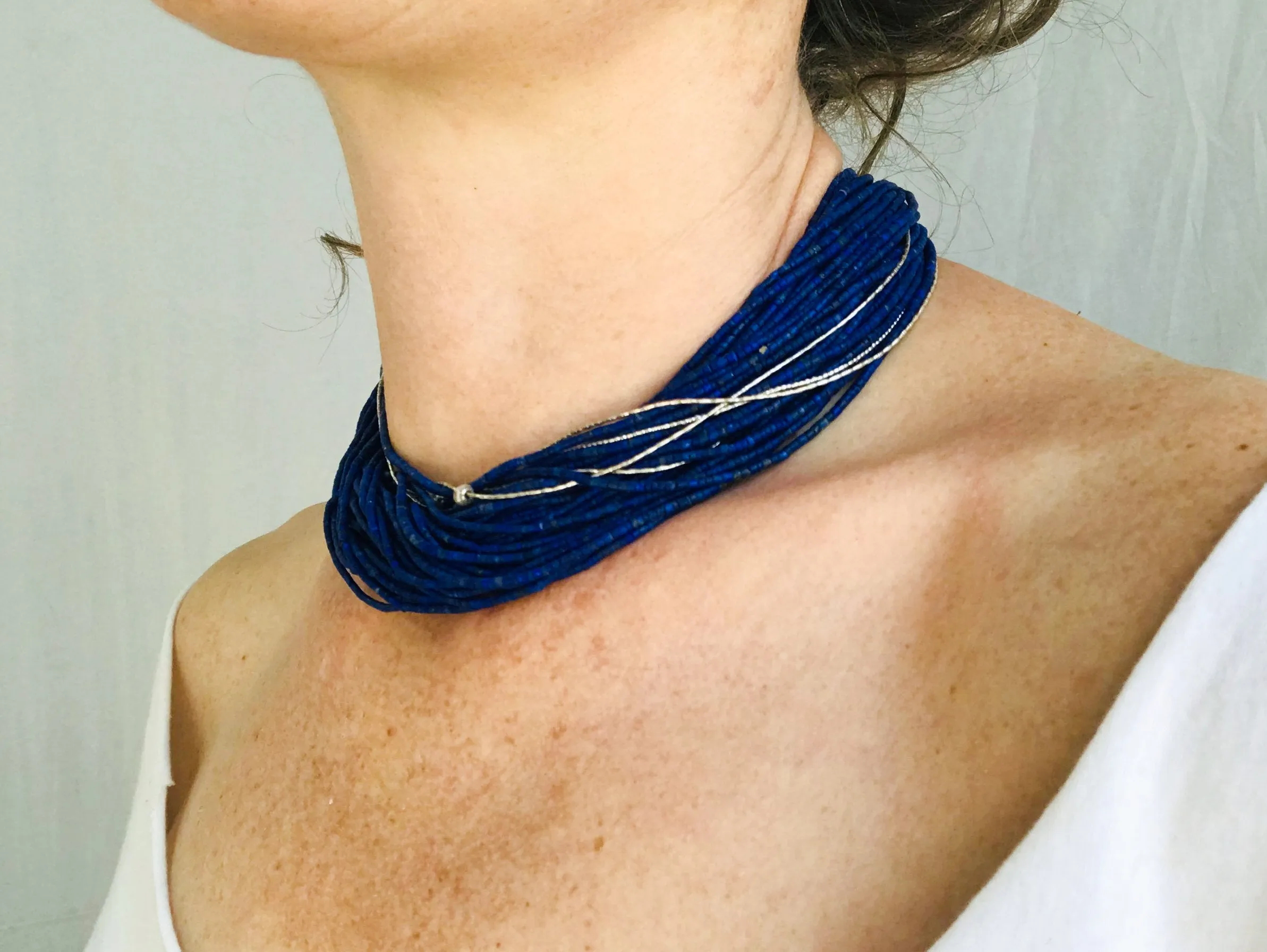 Lapis Lazuli and Karen Silver Necklace. Multi Strand