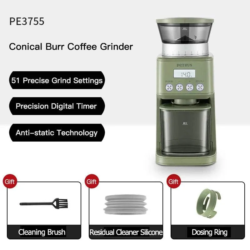 Petrus Electric Coffee Bean Grinder With 51 Precise Settings Stainless Steel Conical Burr Grinder With Digital Timer Display