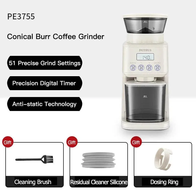 Petrus Electric Coffee Bean Grinder With 51 Precise Settings Stainless Steel Conical Burr Grinder With Digital Timer Display