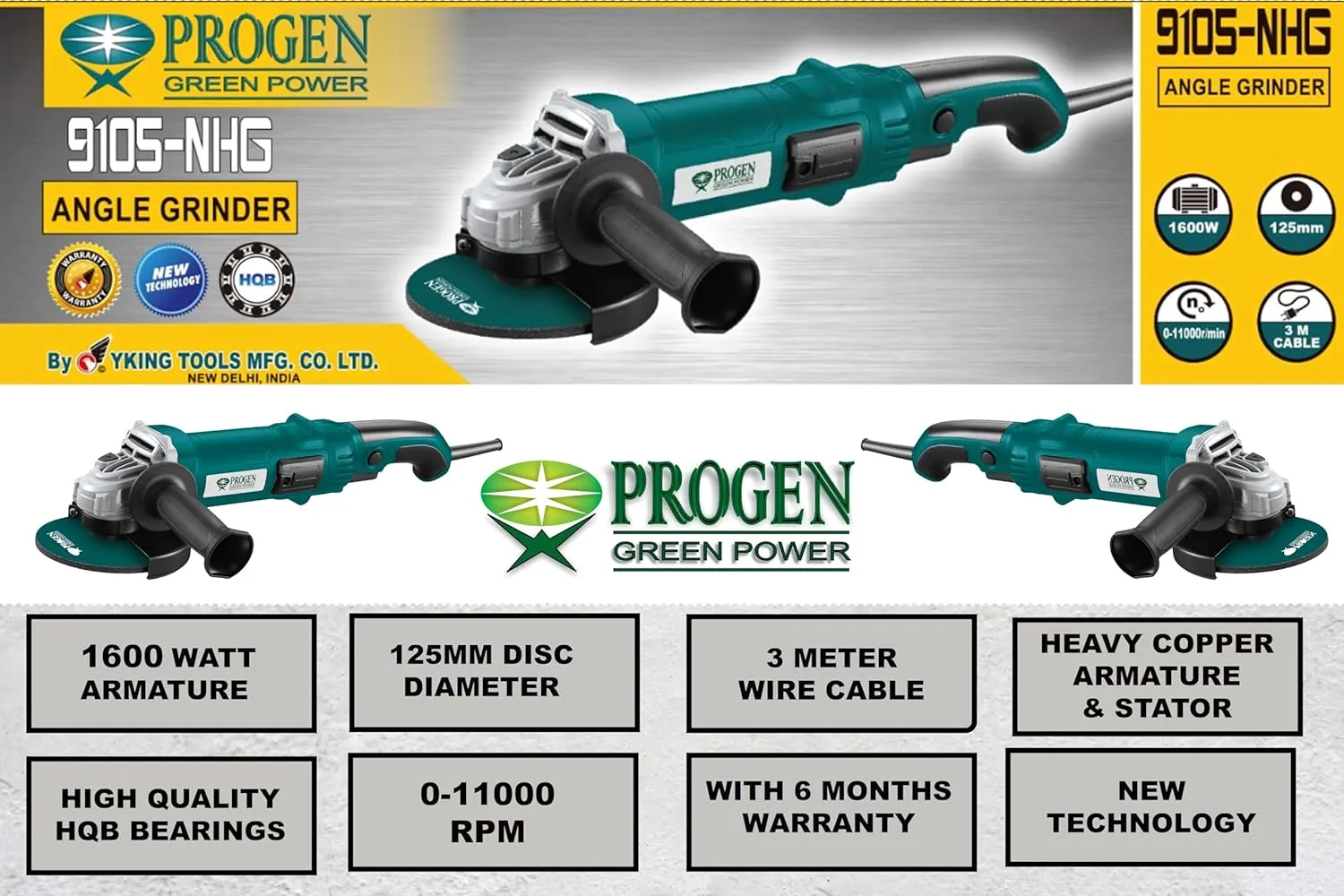 PROGEN 9105-HG, 5-inch, 1600W Heavy Duty Angle Grinder Machine for Grinding, Cutting, Sharpening, Polishing