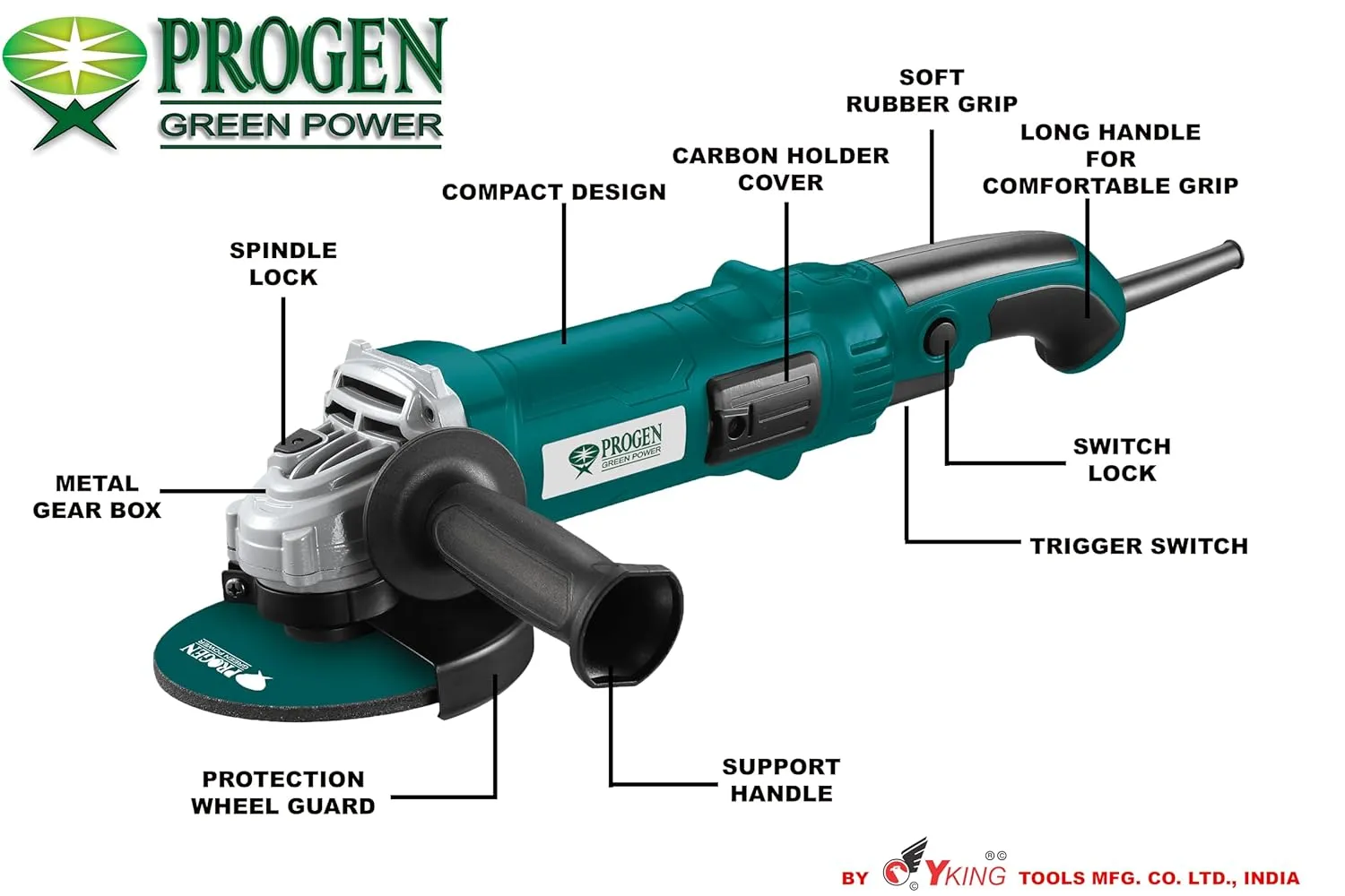 PROGEN 9105-HG, 5-inch, 1600W Heavy Duty Angle Grinder Machine for Grinding, Cutting, Sharpening, Polishing