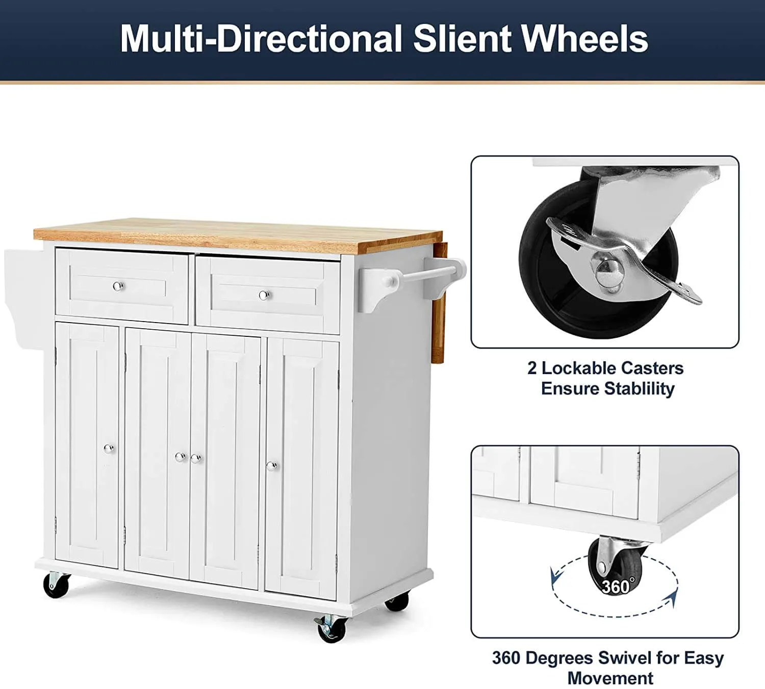Rolling Kitchen Island Cart with Storage & Drop-Leaf Rubber Wood Tabletop, Lockable Wheels, Trolley Cart Utility Cabinet, Towel Rack, Spice Rack(White)