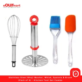 Stainless Steel Bhaji Masher, Whisk, Spatula & Brush (Pack of 4) - Kitchen Tool Set Combo