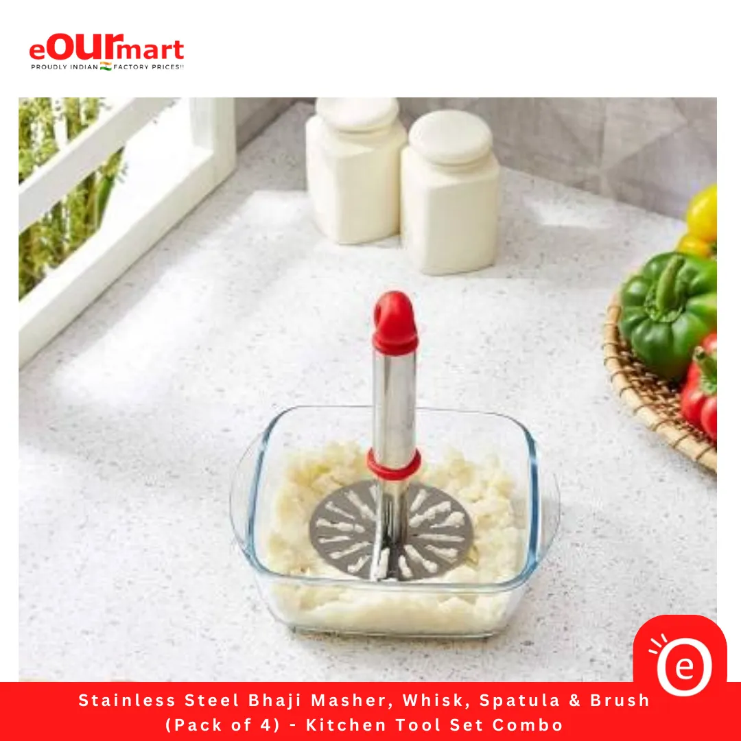 Stainless Steel Bhaji Masher, Whisk, Spatula & Brush (Pack of 4) - Kitchen Tool Set Combo